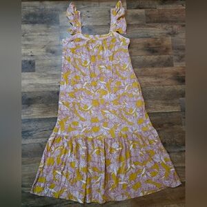 Knox Rose Women's Size M Sleeveless Maxi Dress Mustard Floral Ruffled Rayon